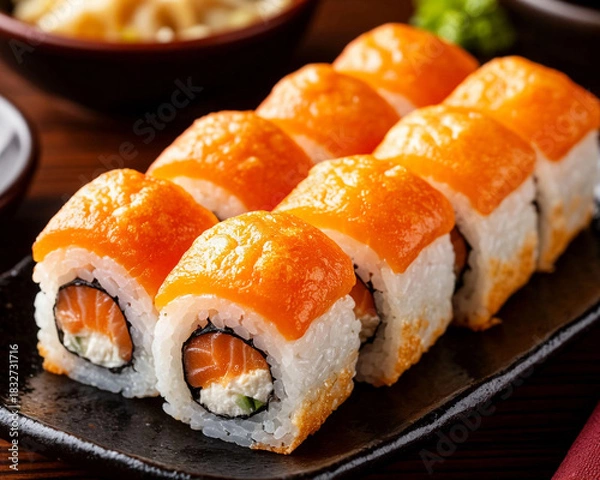 Obraz Japanese sushi on black background with baked crispy crust