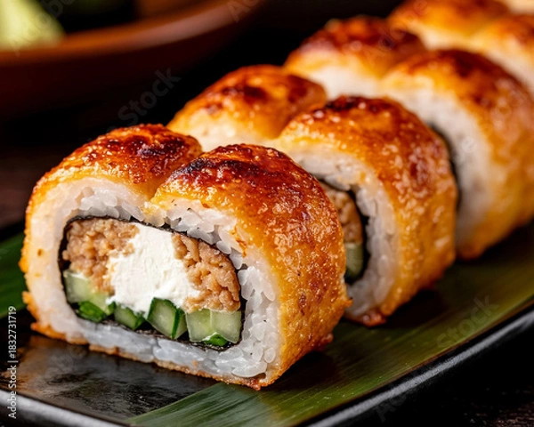Obraz Japanese sushi on black background with baked crispy crust