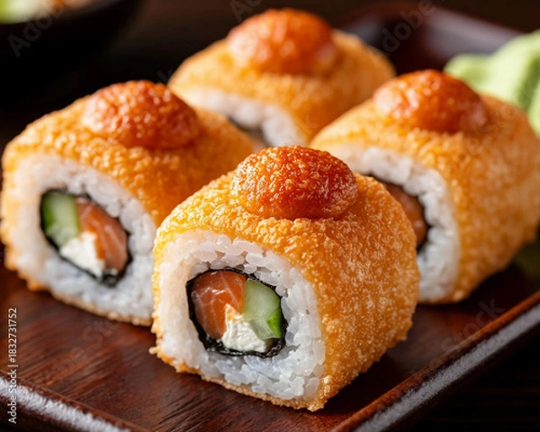 Obraz Japanese sushi on black background with baked crispy crust