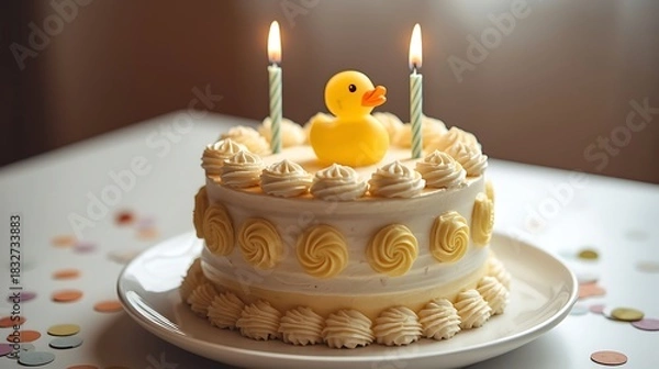 Obraz Cute yellow rubber ducky on a small birthday cake with lit candles