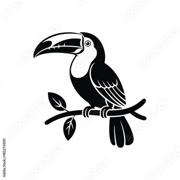 Fototapeta Toucan perched on a branch, silhouette vector design on a white background