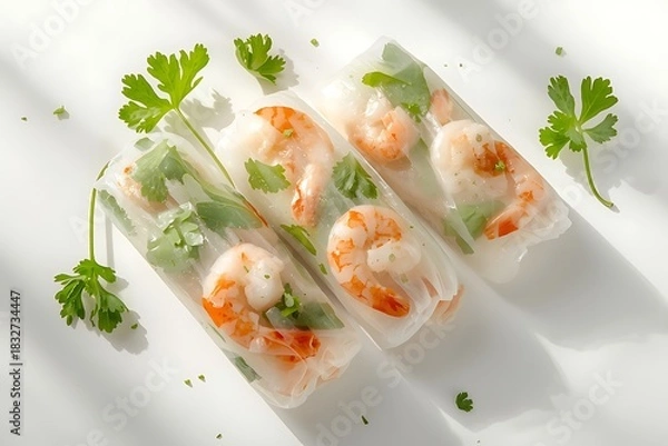 Obraz Fresh shrimp summer rolls with parsley and cilantro