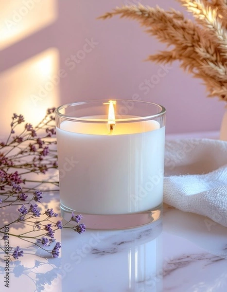 Obraz Serene Candlelight: Glass Jar Candle with Lavender and Pampas Grass