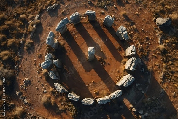 Obraz Stone circle formation on dry earth casting long shadows