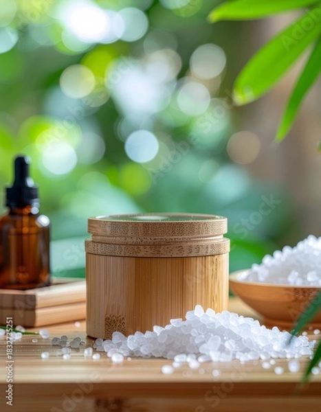 Obraz Serene Spa Still Life: Bamboo Container, Salts, and Essential Oil on Wooden Surface