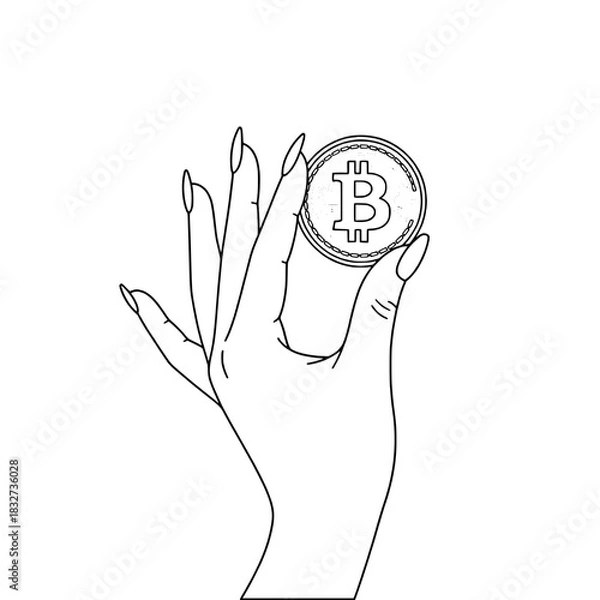 Obraz Icon of a beautiful female hand holding a bitcoin, representing concepts of cryptocurrency and digital finance