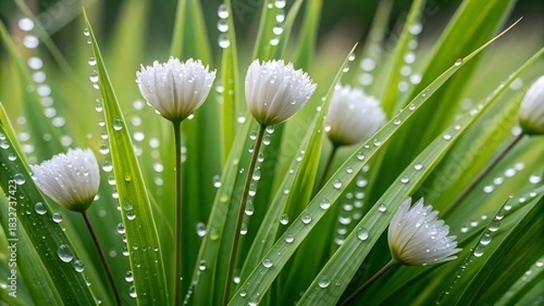 Obraz Close up of dew drops on chive blossoms and green leaves