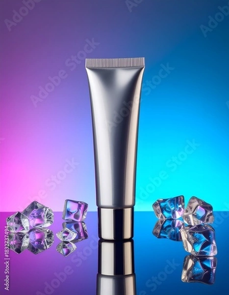 Obraz Silver Cosmetic Tube with Ice Cubes on Reflective Gradient Background