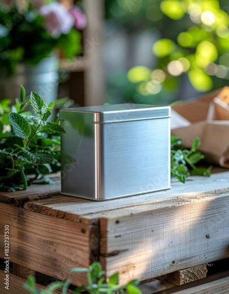 Obraz Silver Tea Caddy with Fresh Mint on Rustic Wooden Pallet in Natural Light