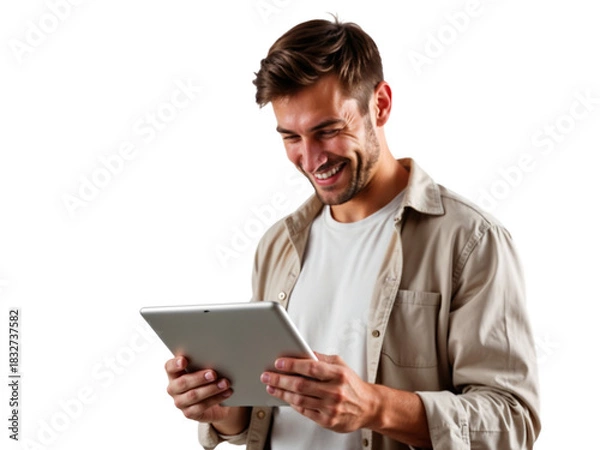 Obraz Smiling man enjoys using tablet while standing against plain white background