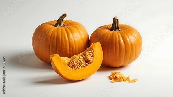 Obraz Two whole pumpkins and a slice of pumpkin with seeds on a white background