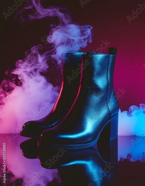 Obraz Sleek Black Leather Ankle Boots with Dramatic Neon Smoke and Reflection