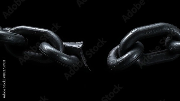 Fototapeta schism. Broken metal chain link cut in half, symbolic separation concept. wellbeing guides, coaching materials, designed for coaching and self-improvement content, used by event planners.