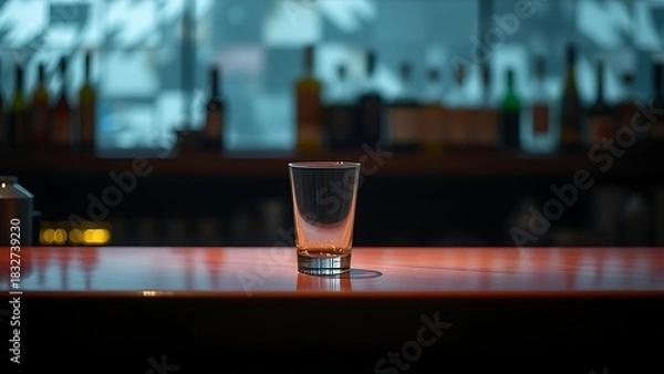 Fototapeta pub. Empty bar counter with a single empty glass in moody ambient lighting. lifestyle magazines, social media lookbooks, designed for influencer and brand collaborations, inspires lifestyle.
