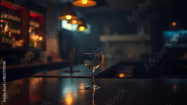 Fototapeta pub. Empty bar counter with a single empty glass in moody ambient lighting. lifestyle magazines, social media lookbooks, designed for influencer and brand collaborations, inspires lifestyle.
