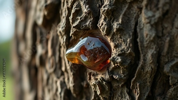 Fototapeta moderation. Close-up of tree bark with a wound sealed by amber resin, natural texture in daylight. wildlife magazines, conservation campaigns, designed for wildlife conservation campaigns.