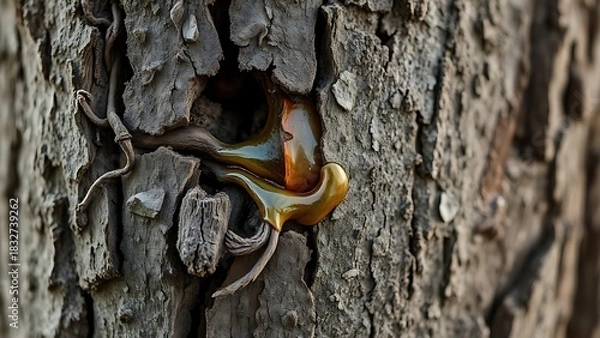 Fototapeta moderation. Close-up of tree bark with a wound sealed by amber resin, natural texture in daylight. wildlife magazines, conservation campaigns, designed for wildlife conservation campaigns.