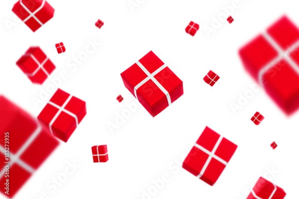 Fototapeta Colorful gift boxes with confetti falling or flying in motion.