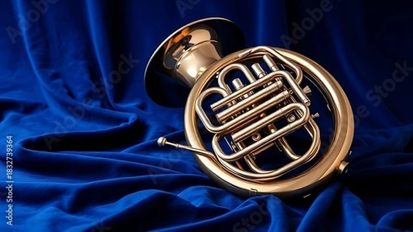 Fototapeta euphonium. Polished brass euphonium on blue velvet with keys reflecting soft studio light. event key visuals, club posters, designed for fitness apps and gym onboarding, used by fitness trainers.