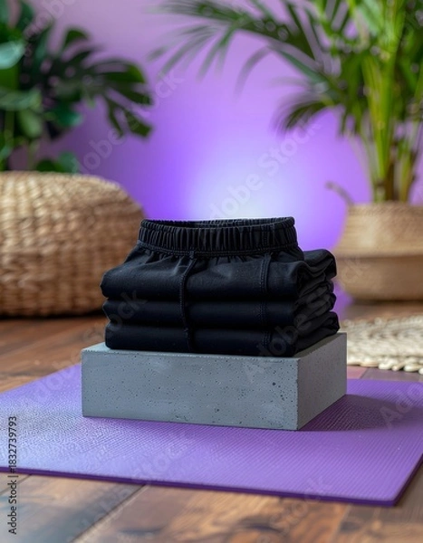 Obraz Stacked Black Leggings on Concrete Block with Purple Yoga Mat and Plants