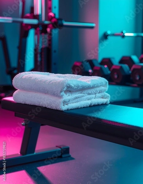 Obraz Stacked White Towels on Gym Bench with Neon Lighting, Fitness Equipment in Background
