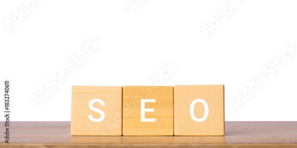 Fototapeta Wooden blocks with SEO letters for search engine optimization concept, isolated on transparent background