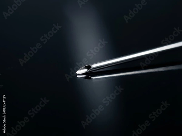 Fototapeta Close up of a sharp metal medical needle on black background