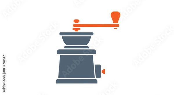 Obraz A clean, modern flat icon depicts a retro-style manual coffee grinder with a grey body and vibrant orange handle, perfect for culinary or beverage-related designs.