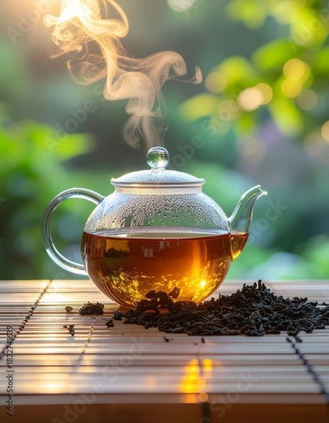 Obraz Steaming Tea in Glass Teapot with Loose Leaf on Bamboo Mat