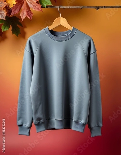 Obraz Stylish Gray Sweatshirt Hanging with Autumn Leaves on Branch Against Warm Backdrop