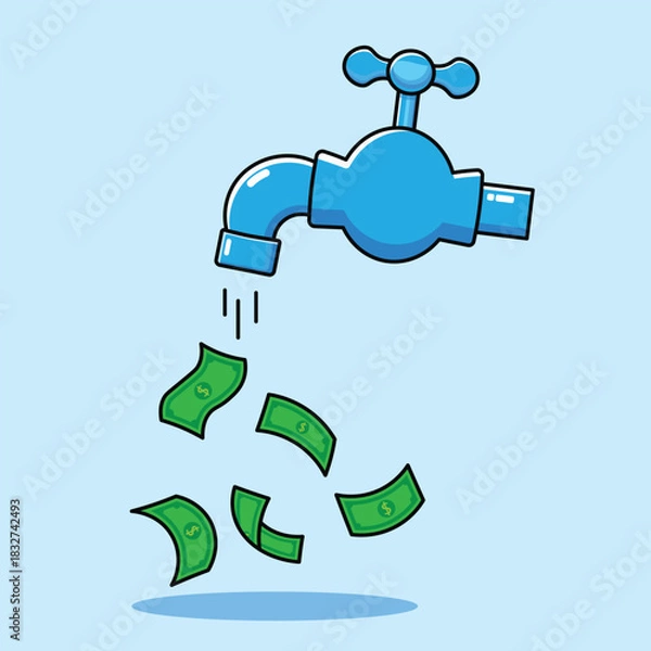 Fototapeta Flat cartoon illustration of money flowing out of a water tap on a blue background