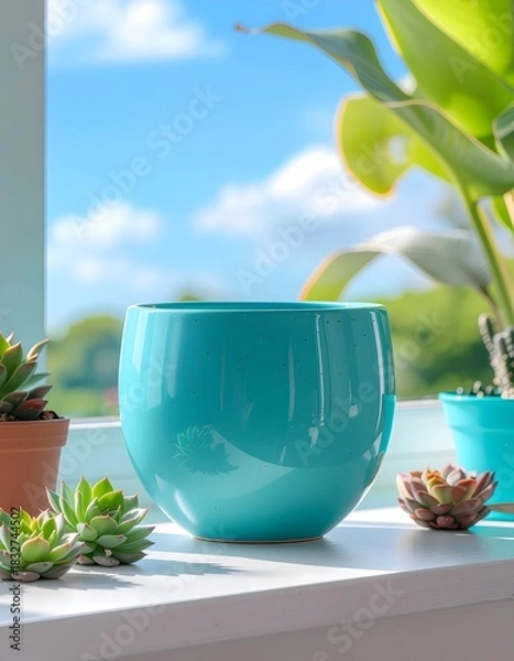 Obraz Turquoise Ceramic Pot with Succulents on White Windowsill Against Sunny Sky