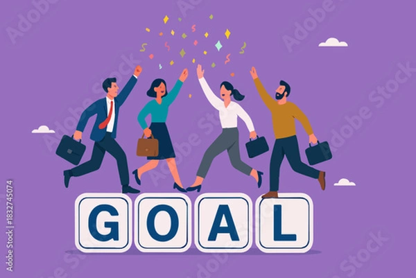Fototapeta achieve common goals, celebrate team effort collaboration, hard work or efforts to achieve team success, business people colleagues celebrate business goals achieved by the team