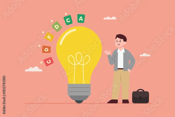 Fototapeta energy efficiency, energy saving level on a home or industrial scale, man presents lightbulb with energy efficient rating class to save cost green energy