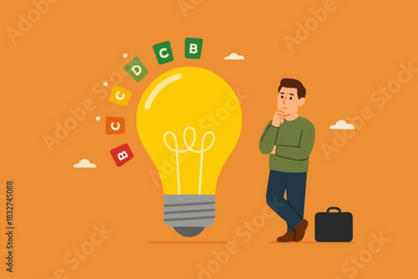 Fototapeta energy efficiency, energy saving level on a home or industrial scale, man presents lightbulb with energy efficient rating class to save cost green energy