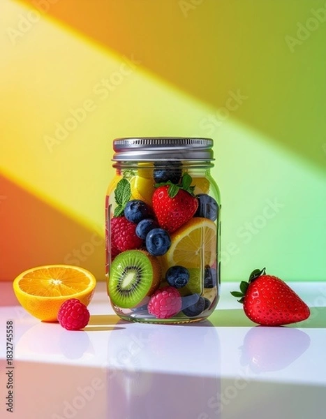 Obraz Vibrant Fruit Infusion: Jar of Fresh Berries, Citrus, and Kiwi on Colorful Background