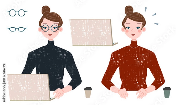 Fototapeta おしゃれなシニヨンヘアのパソコン操作する女性の素材セット（人物やパソコンのカラーの一部は、自作のパターンテクスチャ（ａｉデータにスウォッチ登録あり）を使用）