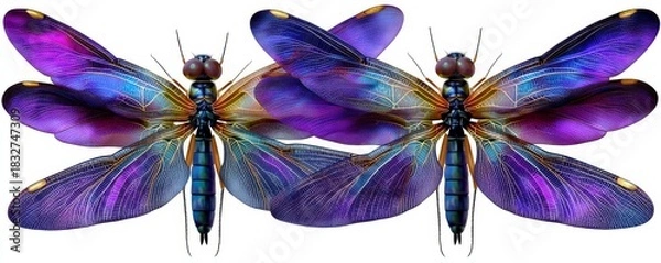 Fototapeta Vibrant stained glass depiction of dragonfly wings showcasing intricate patterns and a cosmic color palette
