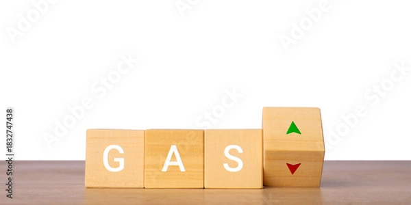 Fototapeta Wooden blocks with gas word and up down arrows for fuel price change concept, isolated on transparent background