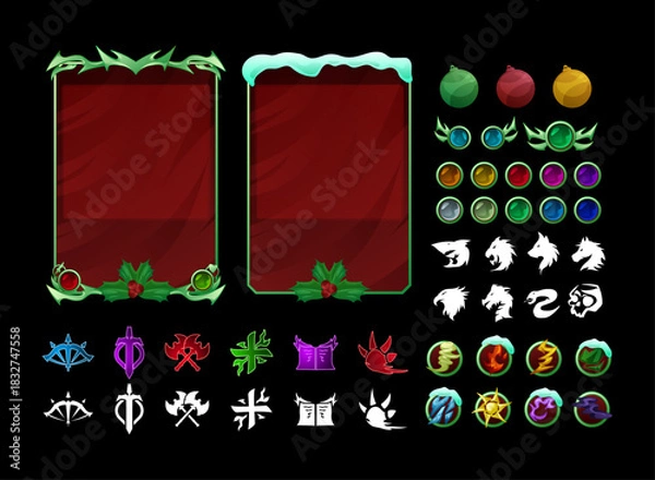 Fototapeta christmas themed card frame and rpg icons pack with holly decoration snow frame elements class symbols ability icons fantasy ui asset for game card design red background template