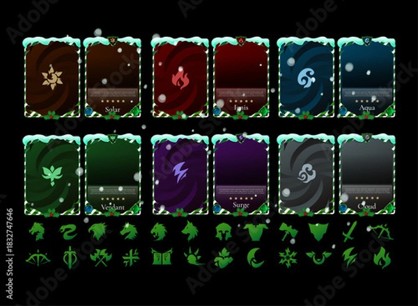 Fototapeta winter fantasy element card template set snow themed trading card design solar ignis aqua verdant surge cloud ui assets with icons rpg tcg ccg game interface pack