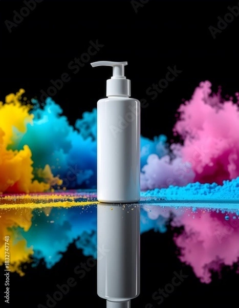 Obraz White Pump Bottle on Reflective Surface with Colorful Powder Background
