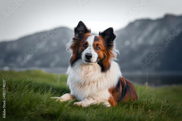 Obraz Tricolor Border Collie Dog Relaxing on Grassy Hillside