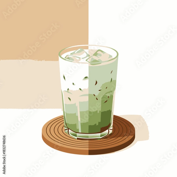 Obraz A refreshing iced matcha latte, beautifully layered with green tea and milk, served in a glass on a stylish wooden coaster, perfect for a tranquil moment.