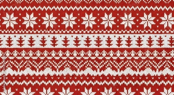 Obraz Christmas Themed Digital Paper Seamless Pattern with Snowflakes, Trees, and Geometric Ornaments