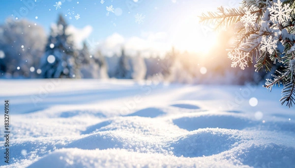 Fototapeta Paisaje de invierno con cielo azul, nieve y abetos nevados, concepto de frio invernal y bajada de temperaturas o navidad, con espacio para texto y publicidad