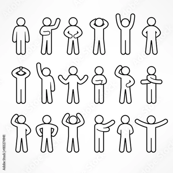 Fototapeta Collection of stick linear figures with different poses, human