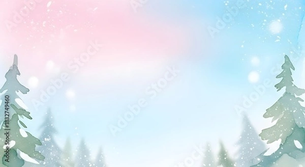 Obraz Watercolor Winter Landscape with Pine Trees and Bokeh Lights Background
