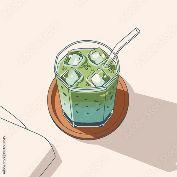 Obraz A refreshing iced matcha latte, presented in a stylish faceted glass with a clear straw on a wooden coaster, featuring a clean, minimalist illustration style.