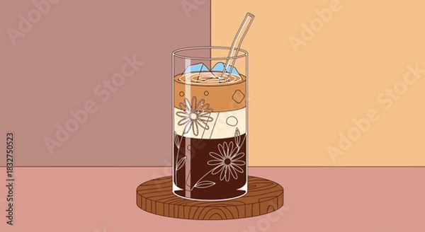 Obraz A refreshing, layered iced coffee drink, elegantly presented in a tall glass with delicate floral patterns and a straw, resting on a wooden coaster.